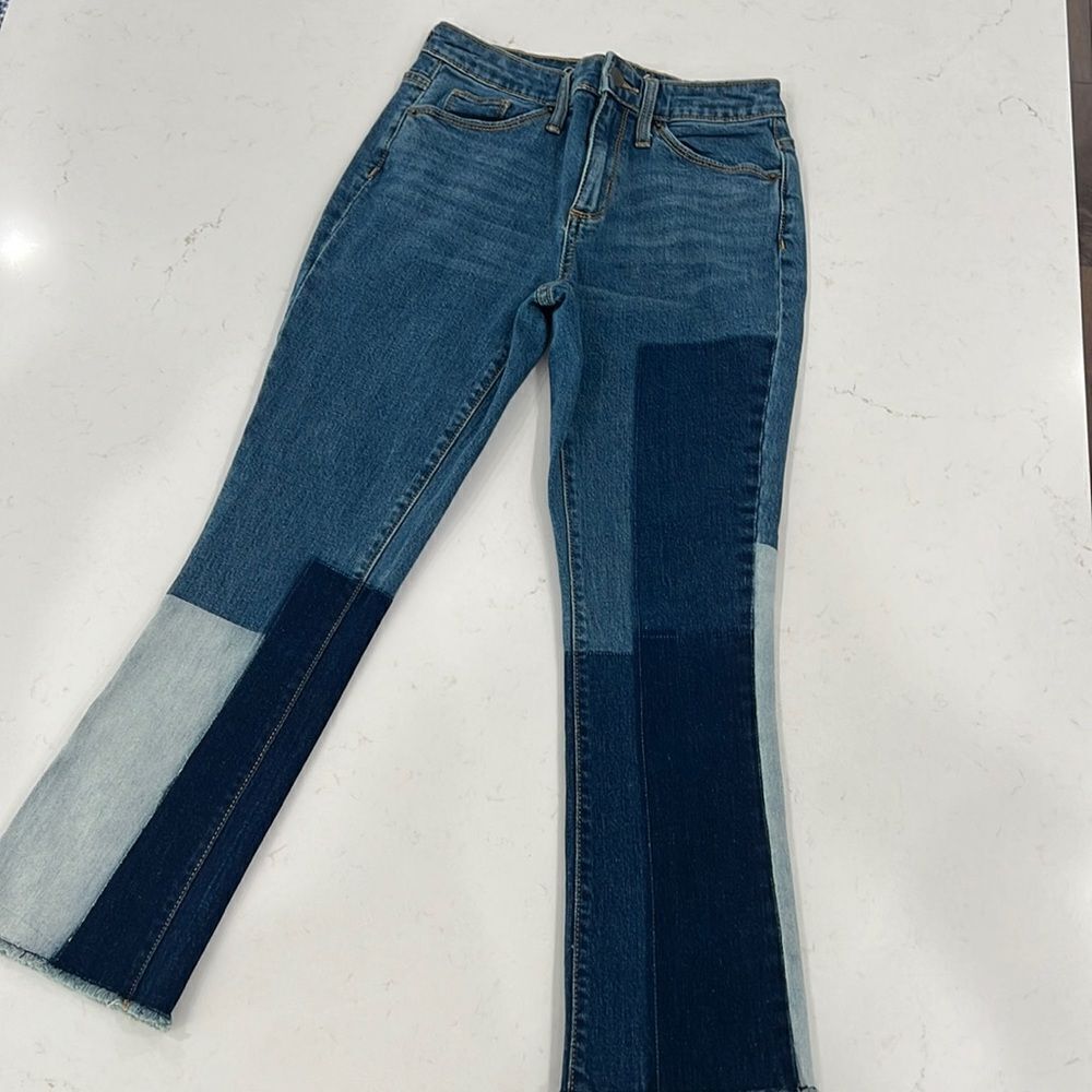 Universal Thread High Rise Kick Boot Crop Jeans Colorblock Patchwork Size 00 24R - Picture 2 of 6